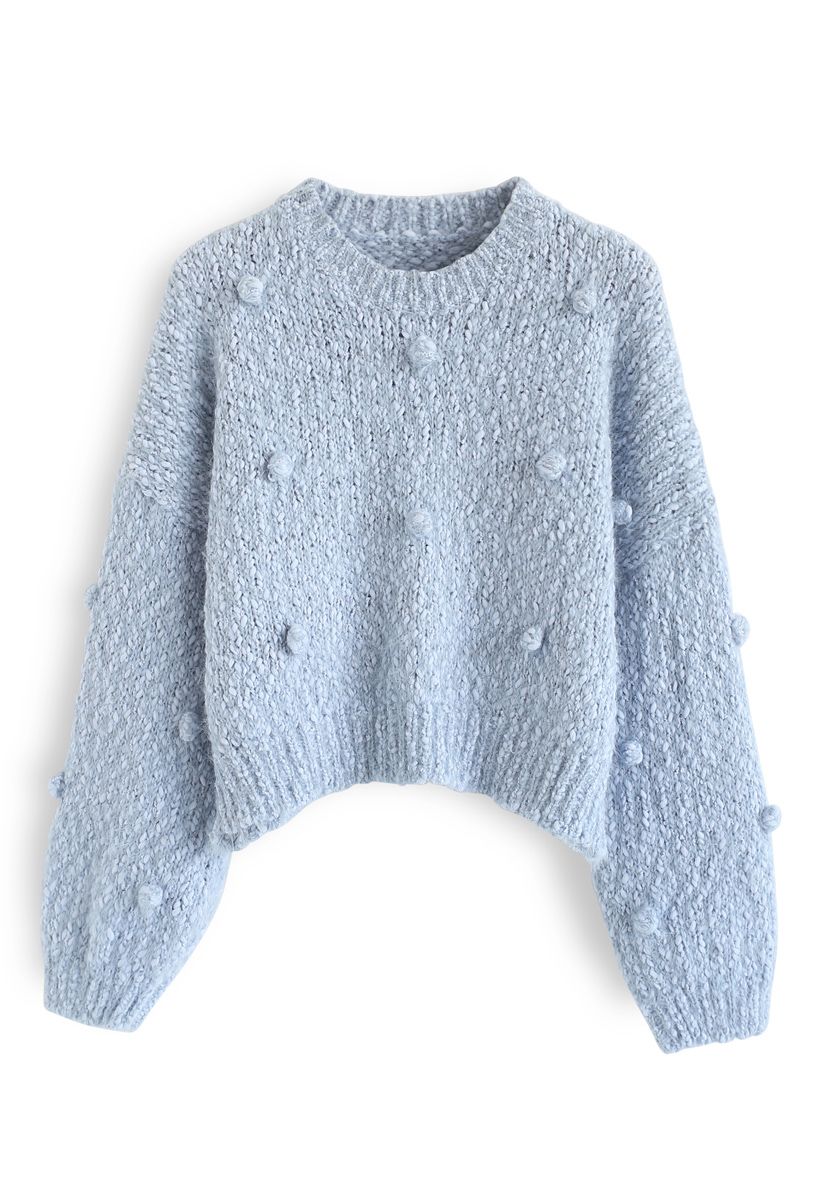 Pom-Pom Decorated Fuzzy Knit Crop Sweater in Blue - Retro, Indie and ...