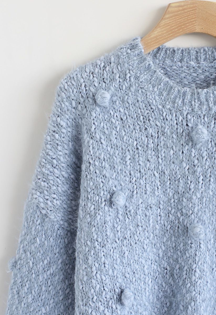 Pom-Pom Decorated Fuzzy Knit Crop Sweater in Blue