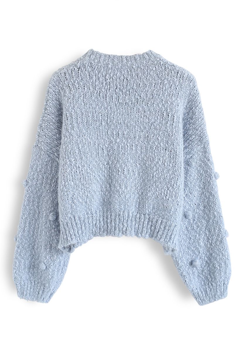 Pom-Pom Decorated Fuzzy Knit Crop Sweater in Blue