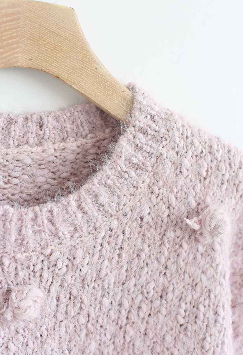 Pom-Pom Decorated Fuzzy Knit Crop Sweater in Pink - Retro, Indie and ...