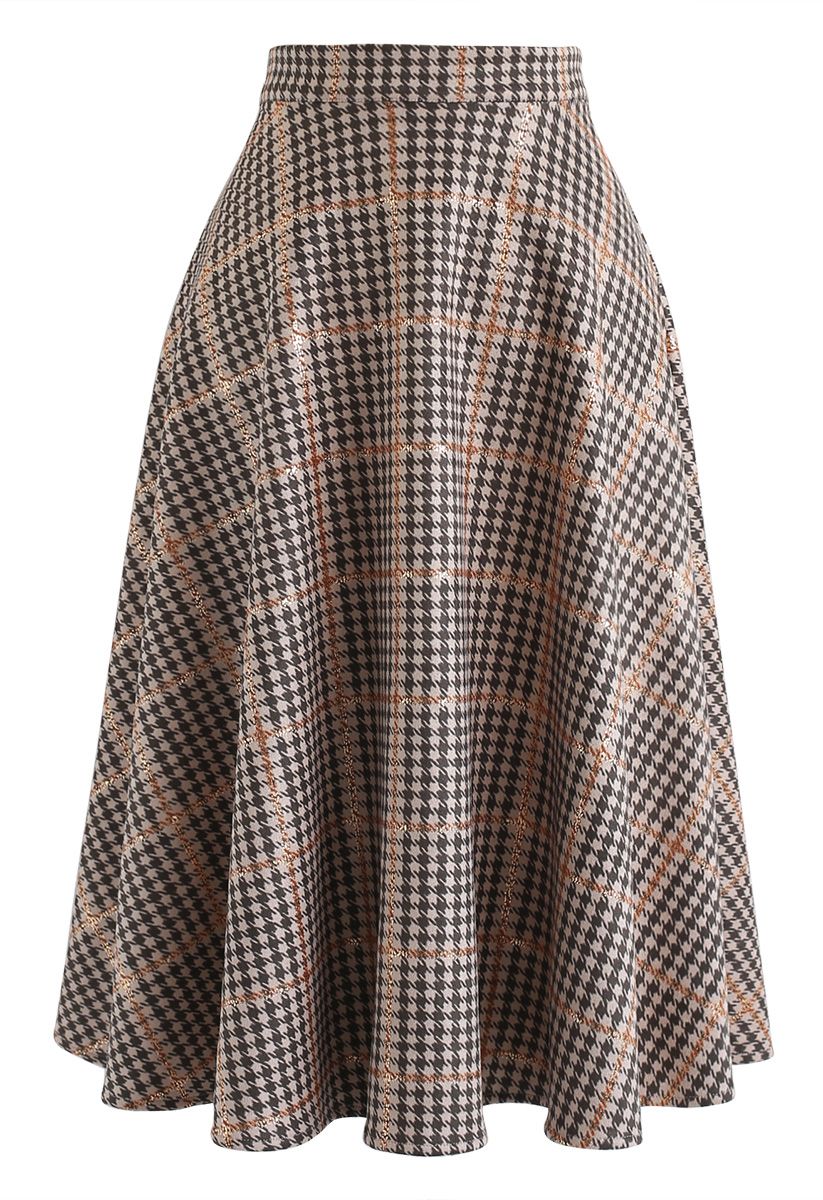 Grid Houndstooth Faux Suede Midi Skirt in Tan - Retro, Indie and Unique ...