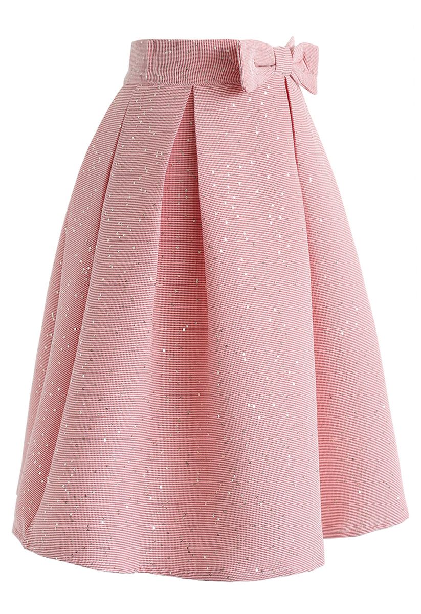 Sweet Your Heart Bowknot Sequins Pleated Skirt in Pink