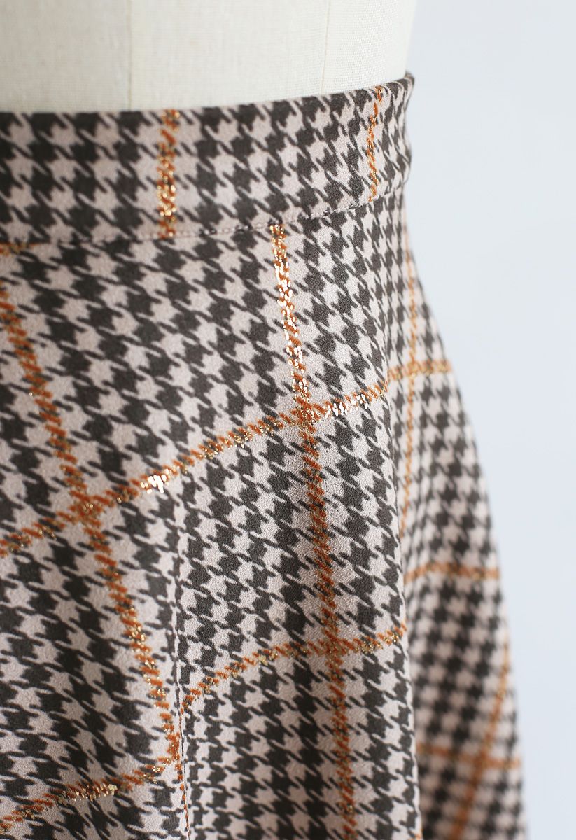 Grid Houndstooth Faux Suede Midi Skirt in Tan