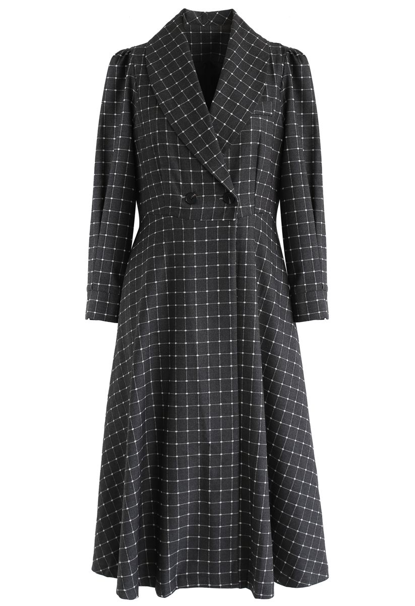 Grid V-Neck Midi Coat Dress in Smoke - Retro, Indie and Unique Fashion