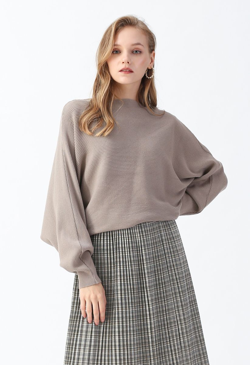 Chicwish Boat Neck Batwing Sleeves Knit Top in Taupe Brown L-XL