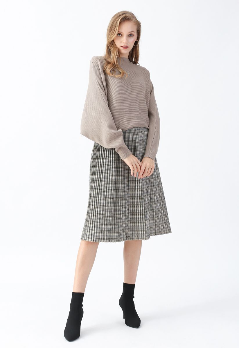 Plaid Pattern Pleated Midi Skirt