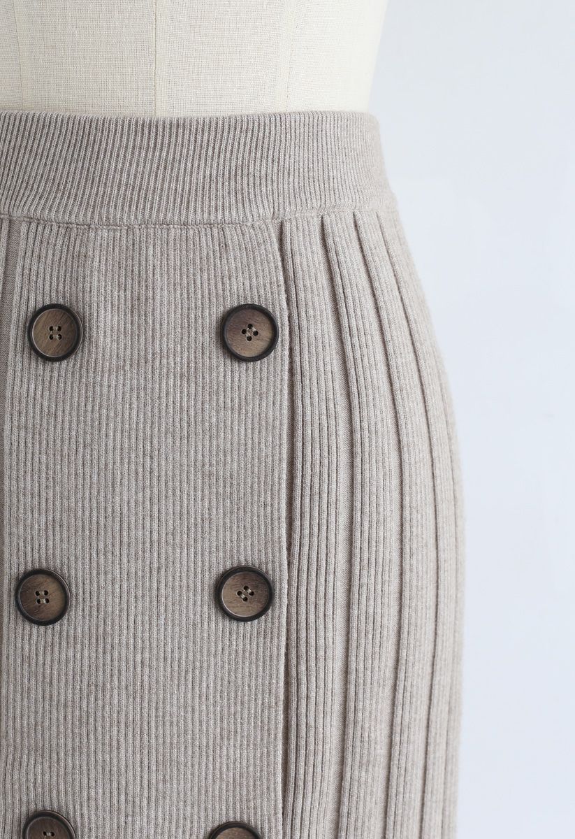 Button Ribbed Knit Pencil Skirt in Sand - Retro, Indie and Unique Fashion