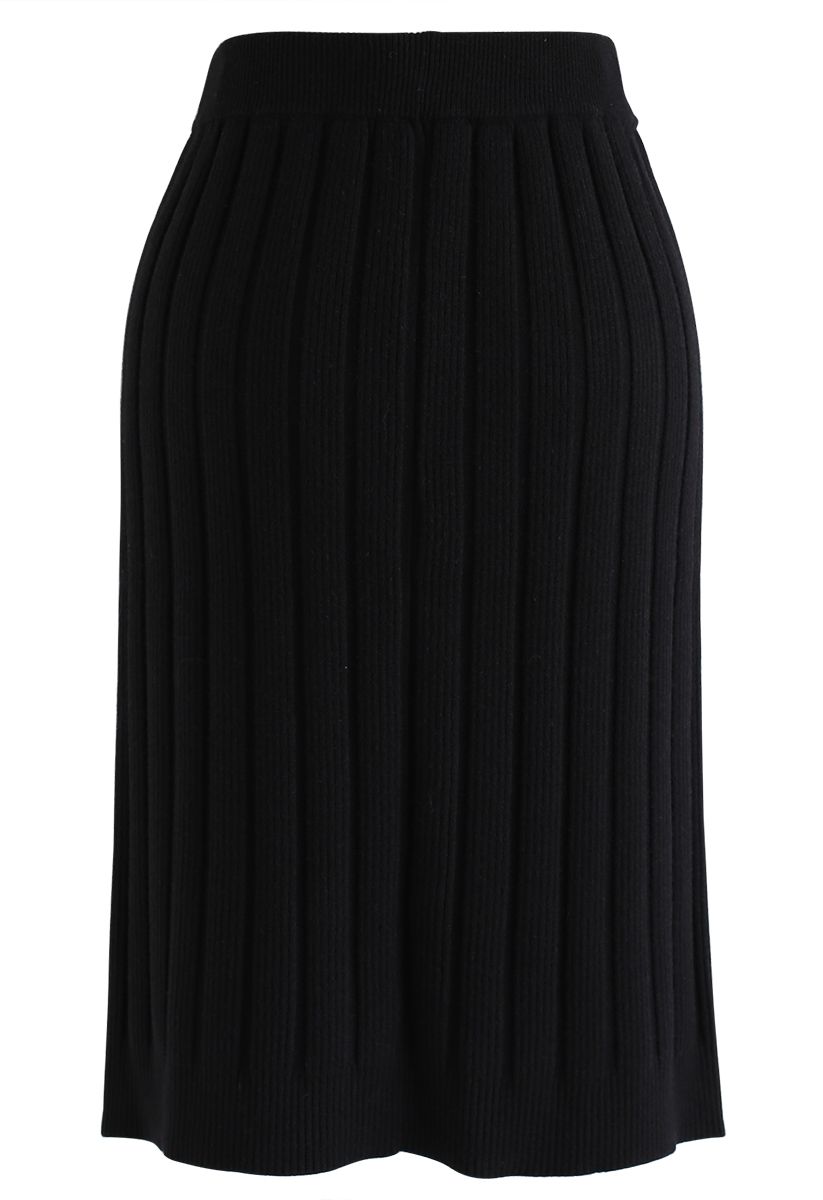 Button Ribbed Knit Pencil Skirt in Black - Retro, Indie and Unique Fashion