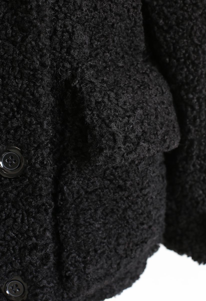 Buttoned Pocket Teddy Coat in Black