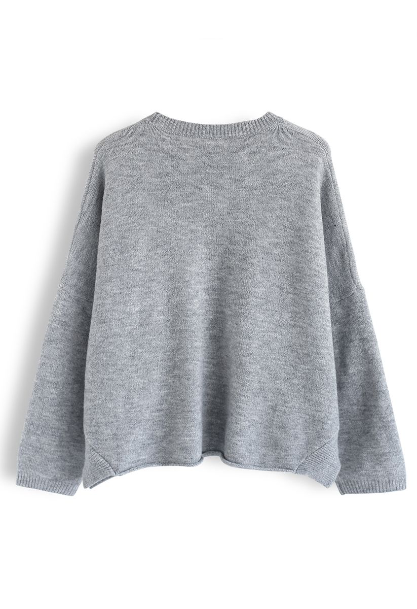 Slit Rolled Hem Crochet Trim Knit Sweater in Grey - Retro, Indie and ...