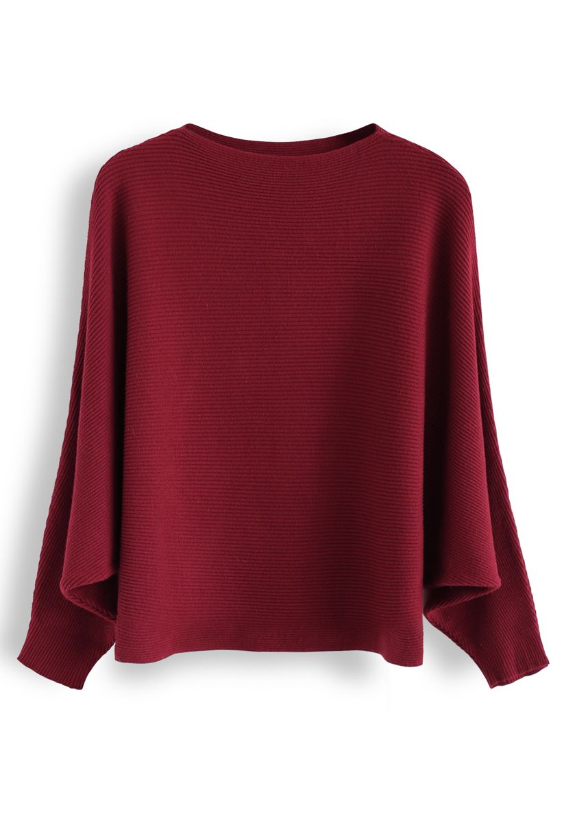 Boat Neck Batwing Sleeves Knit Top in Red - Retro, Indie and Unique Fashion
