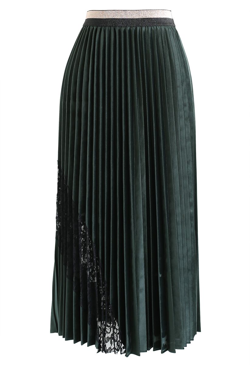 Lacy Embellished Velvet Pleated Skirt in Emerald