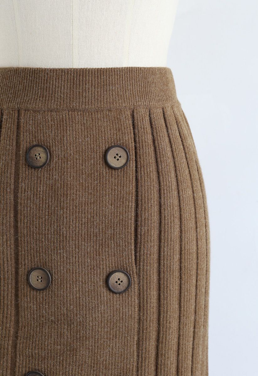 Button Ribbed Knit Pencil Skirt in Brown