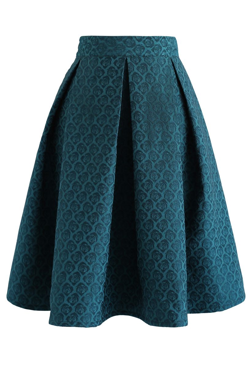 Turquoise Rose Jacquard Pleated Midi Skirt - Retro, Indie and 