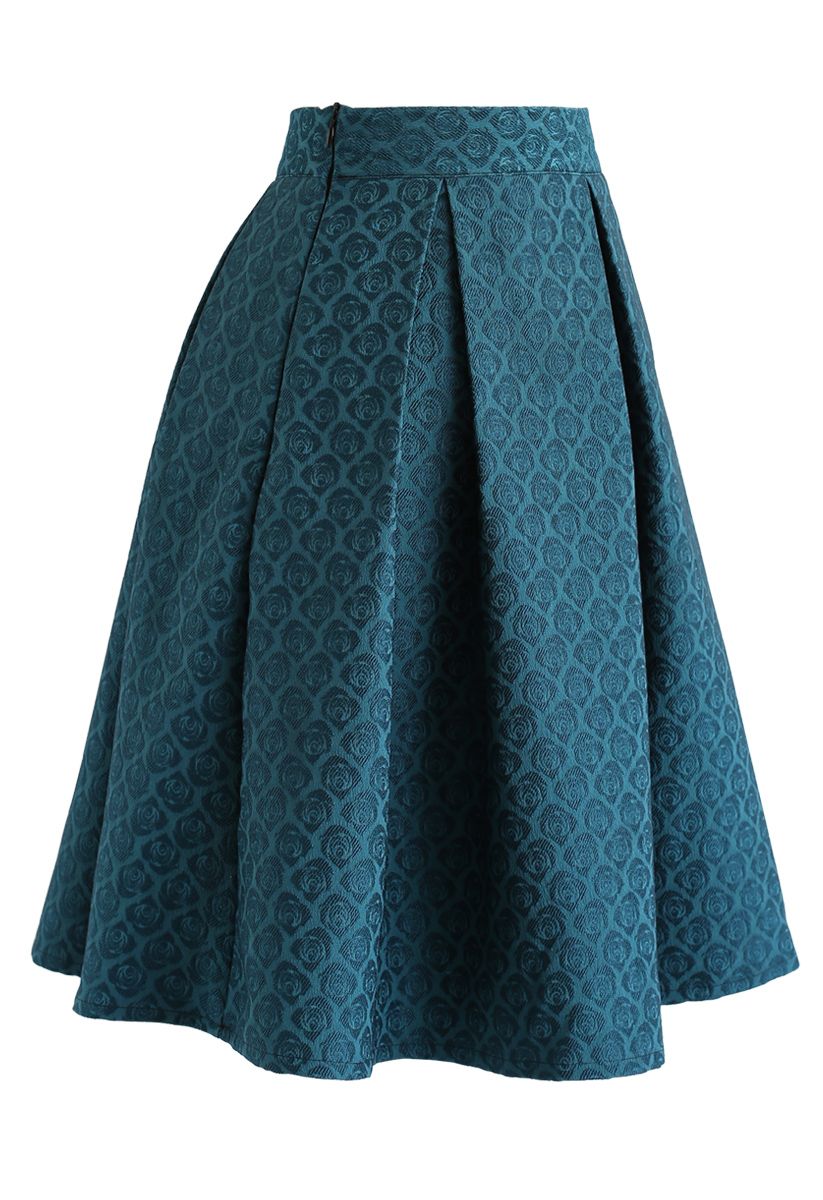 Turquoise Rose Jacquard Pleated Midi Skirt
