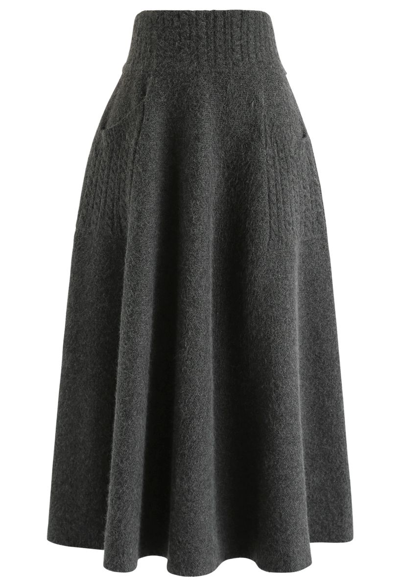 Cable Pockets Knit Midi Skirt in Smoke