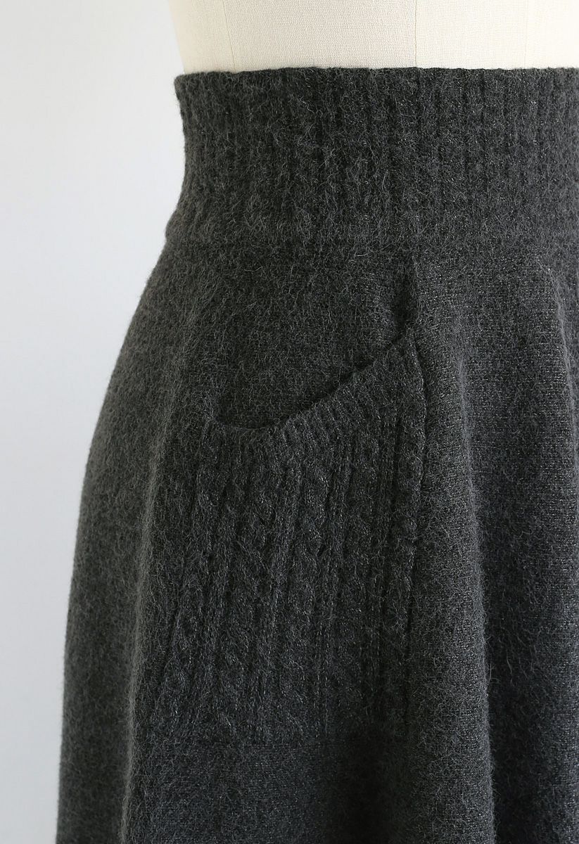 Cable Pockets Knit Midi Skirt in Smoke