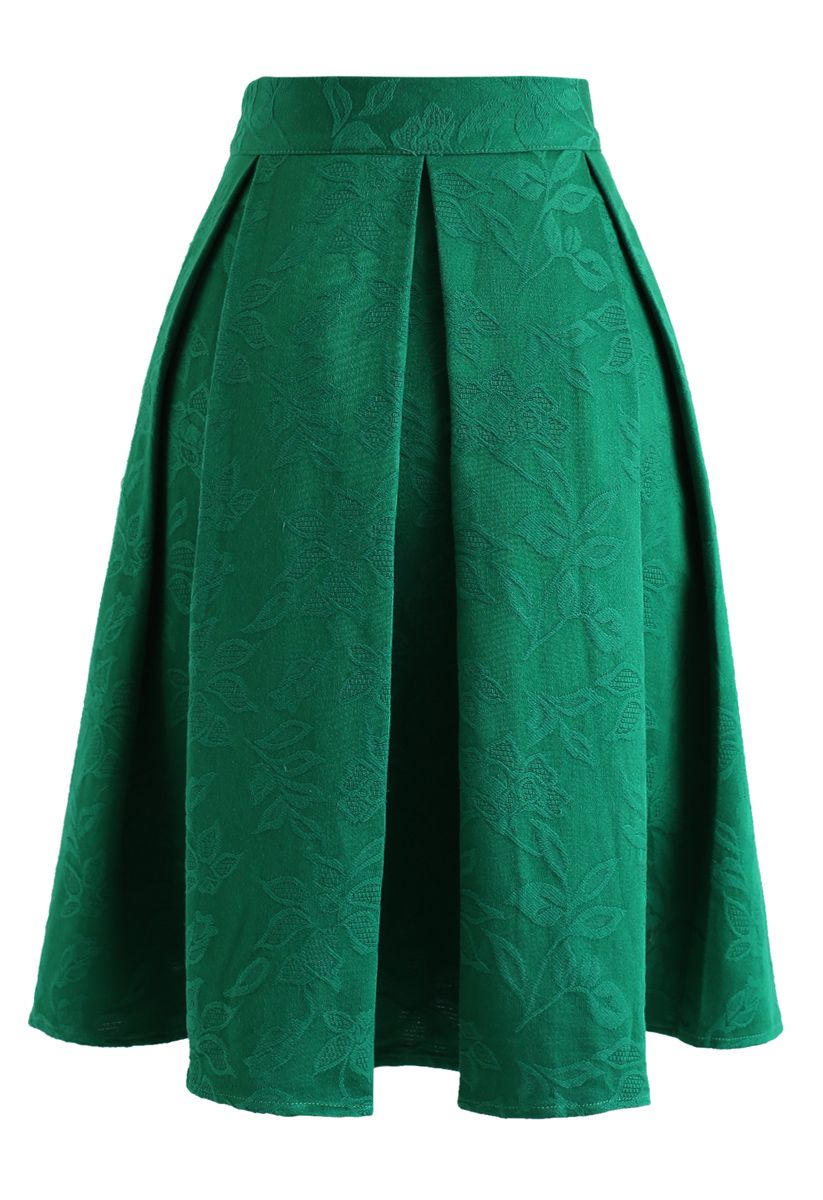 Green Flowery Jacquard Pleated Midi Skirt - Retro, Indie and Unique Fashion
