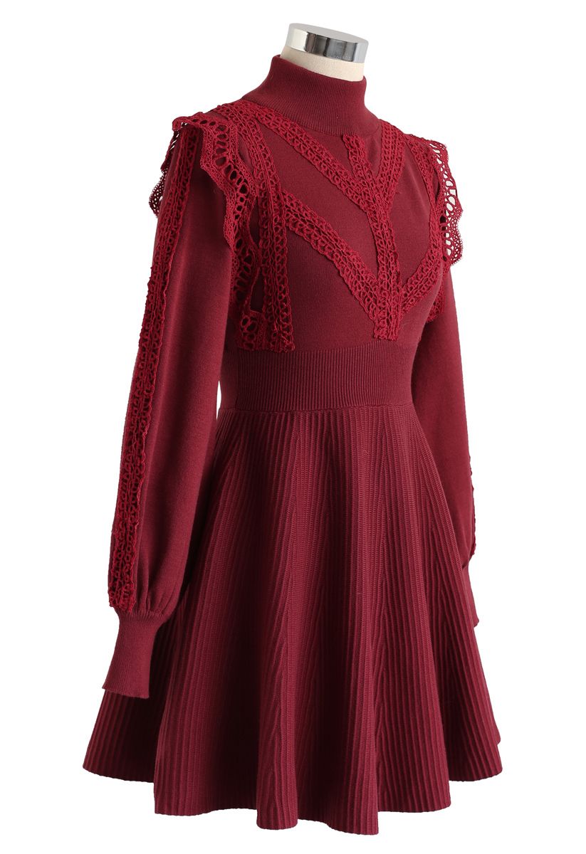 Lace Trims Ribbed Skater Knit Dress in Red - Retro, Indie and Unique ...