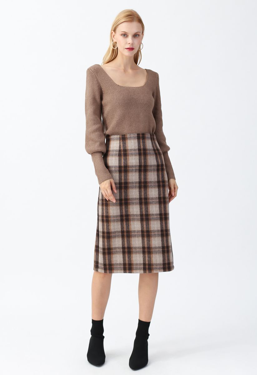 brown Check pencil skirt. Miss patina stirrup skirt
