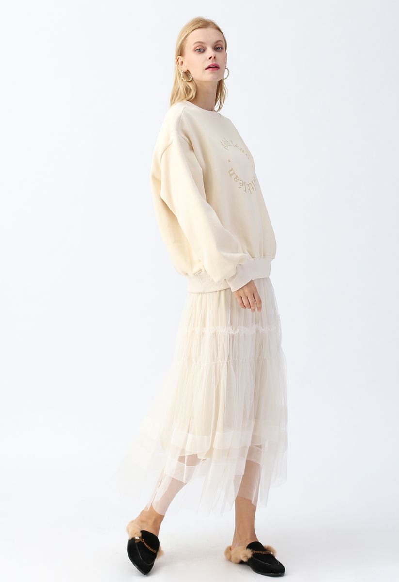 Double-Layered Tulle Midi Skirt in Cream - Retro, Indie and Unique Fashion