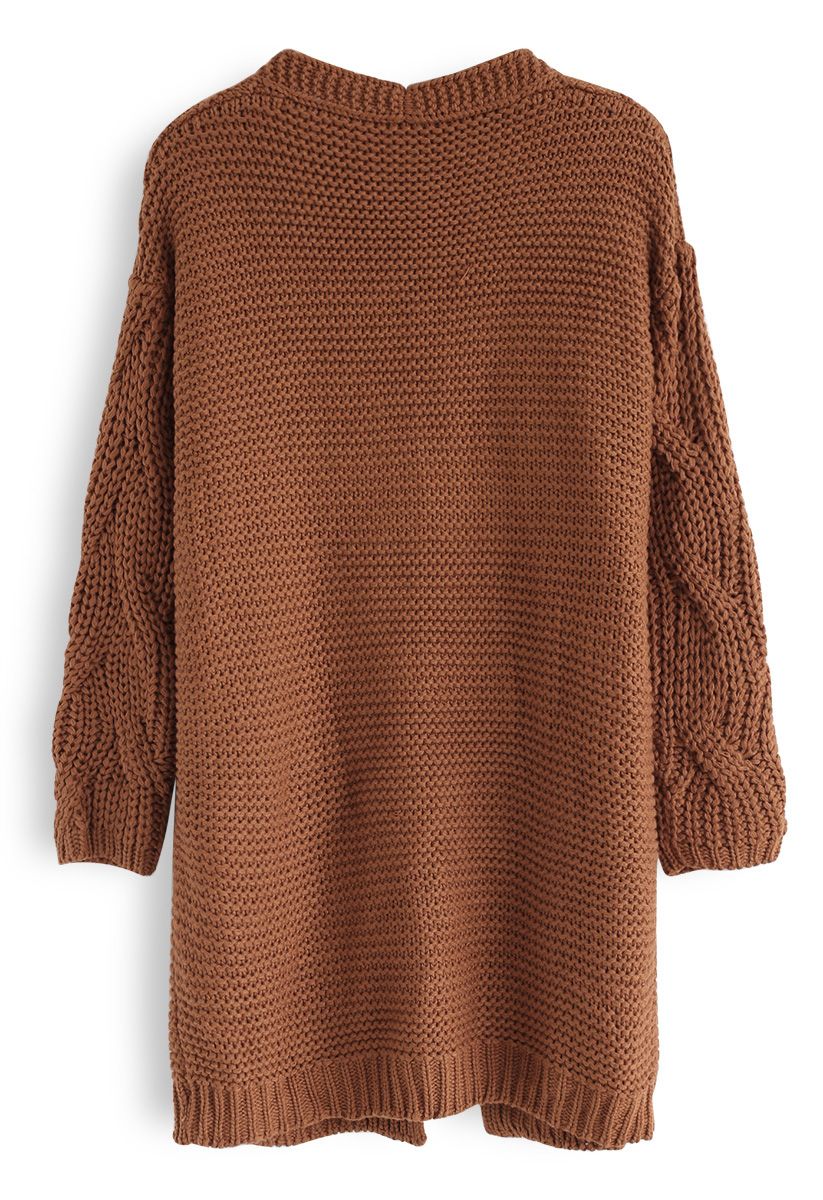 Cable Sleeves Knit Cardigan in Caramel - Retro, Indie and Unique Fashion
