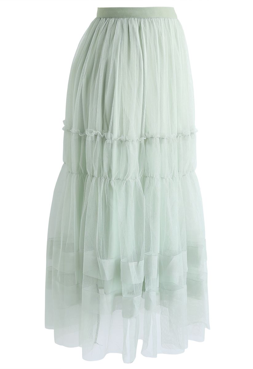 Double-Layered Tulle Midi Skirt in Mint