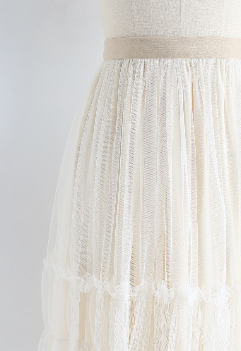 Double-Layered Tulle Midi Skirt in Cream