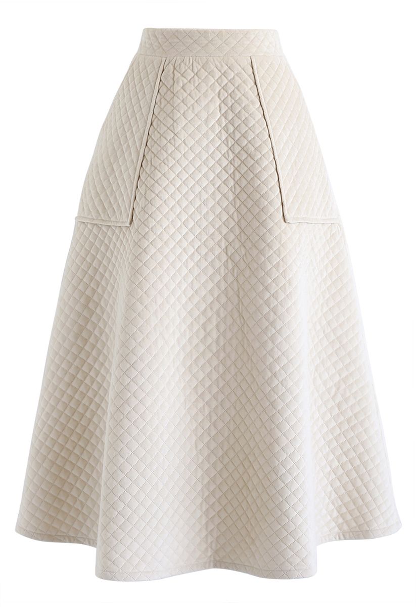 Pockets Quilted Velvet A-Line Midi Skirt in Cream