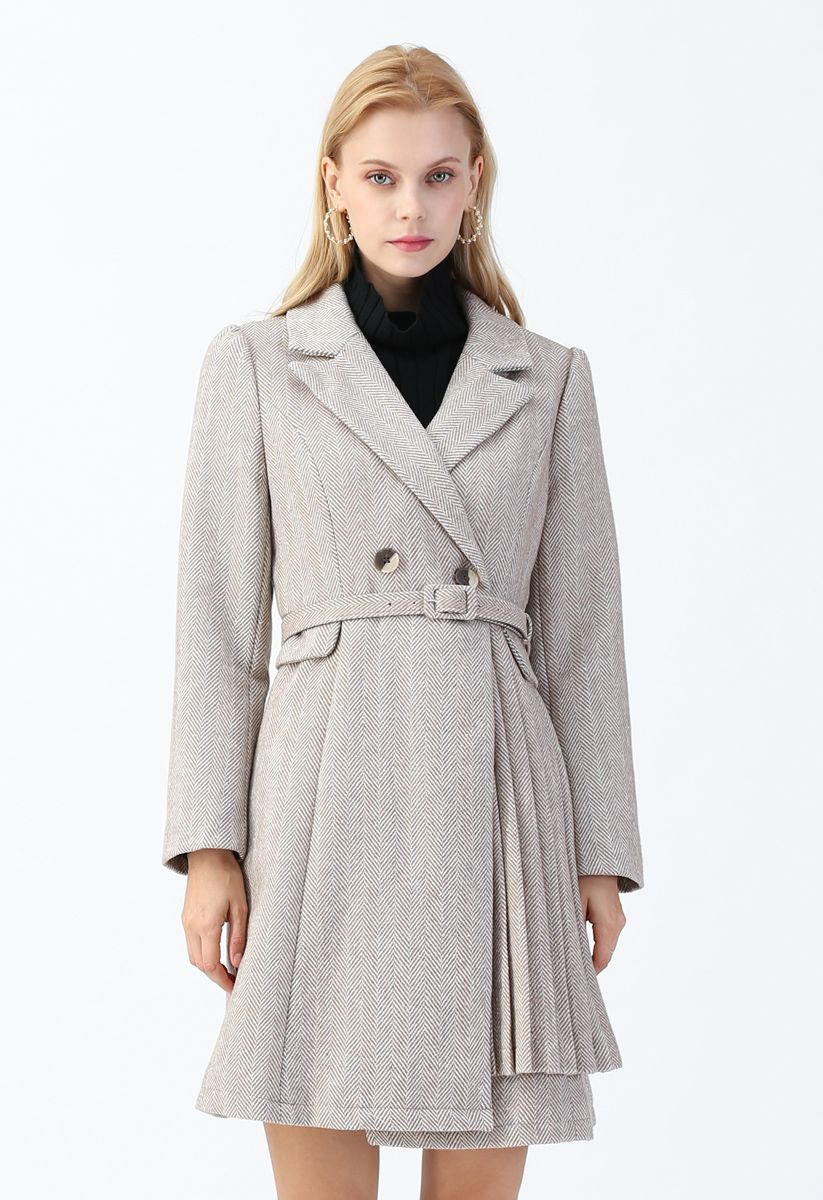 Herringbone Belted Pleated Coat Dress in Sand - Retro, Indie and Unique ...