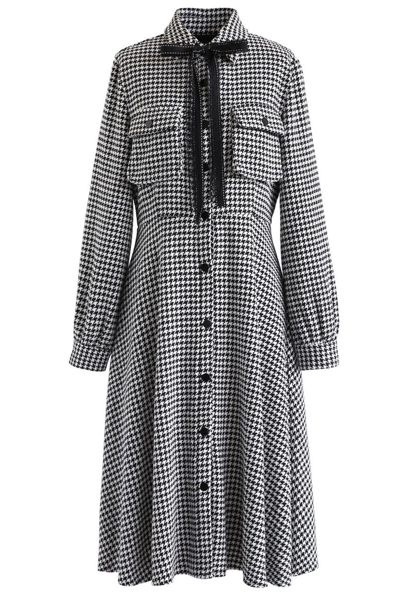 Bowknot Houndstooth Button Down Dress in White