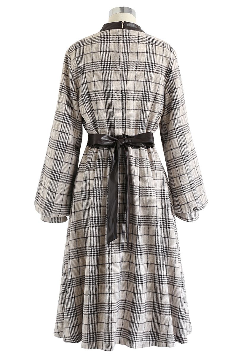 Plaid Puff Sleeves Pleated Midi Dress in Sand - Retro, Indie and Unique ...