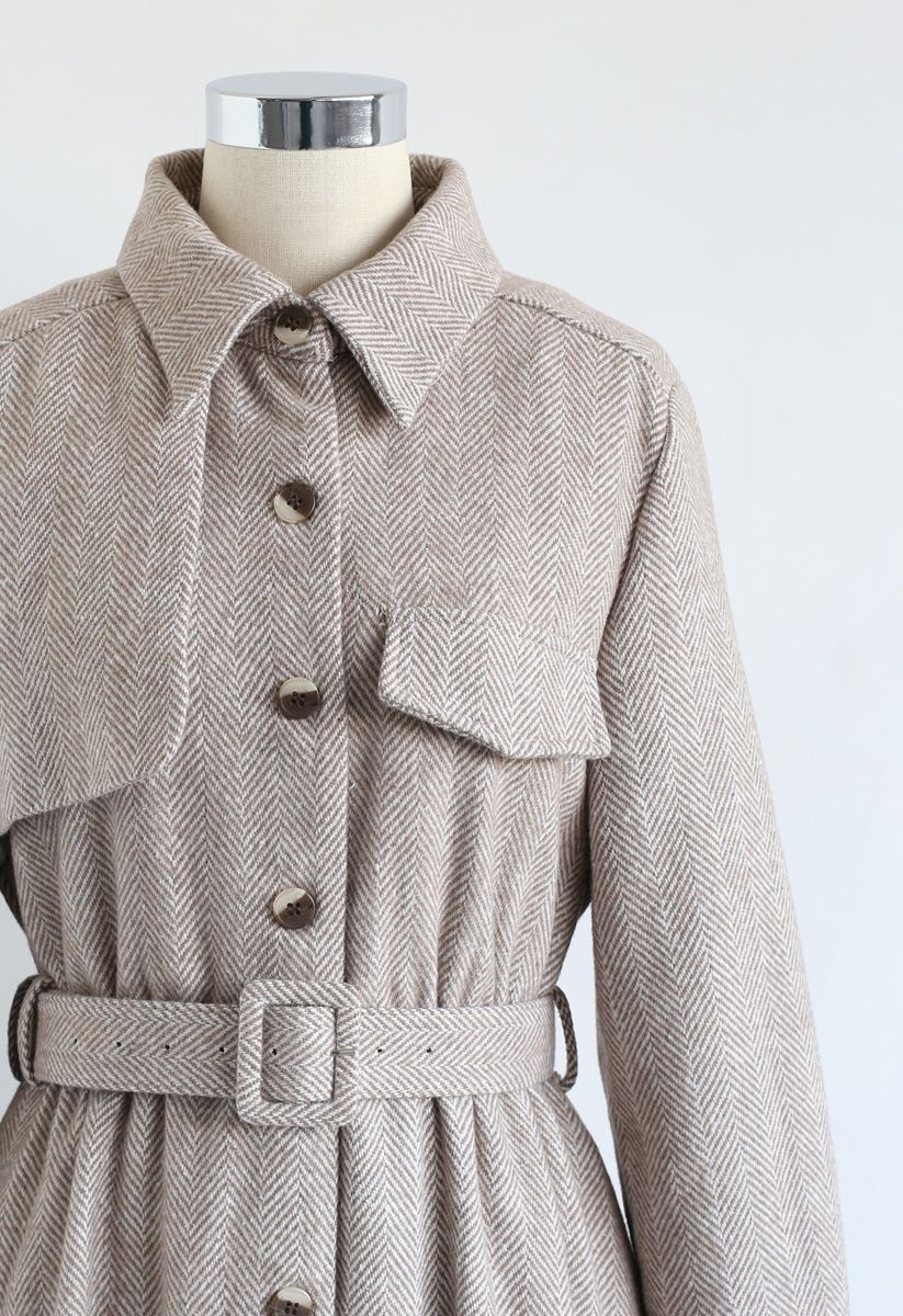 Herringbone Button Down Belted Coat Dress in Sand - Retro, Indie and ...