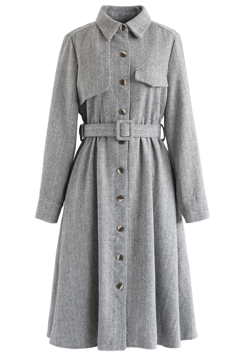 Herringbone Button Down Belted Coat Dress in Grey - Retro, Indie and ...