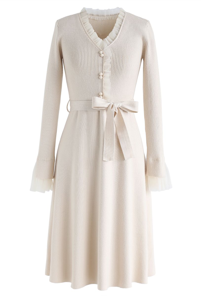 Mesh Inlaid Buttoned Bowknot Knit Dress in Cream - Retro, Indie and ...