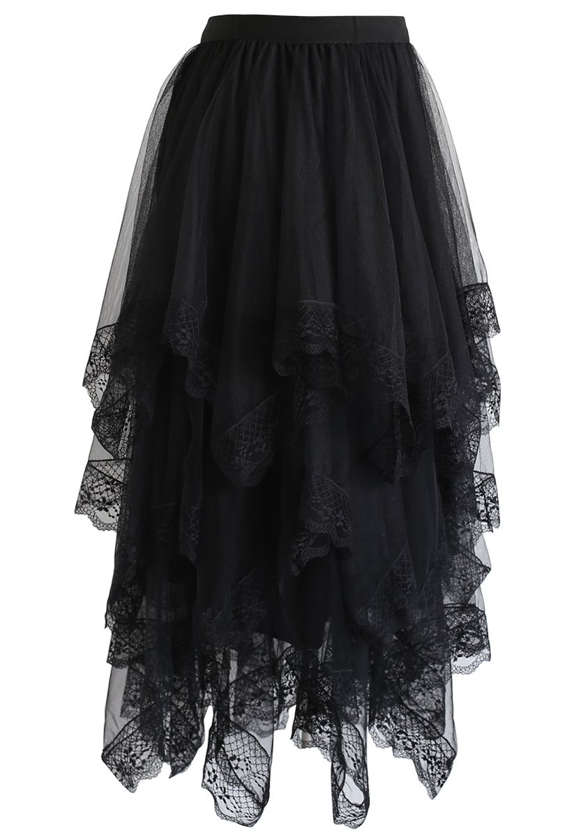 Lace Hem Asymmetric Layered Tulle Skirt in Black