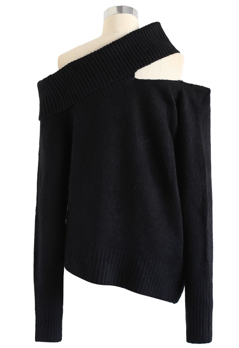 Asymmetric Cutout Off-Shoulder Knit Sweater in Black - Retro, Indie and ...