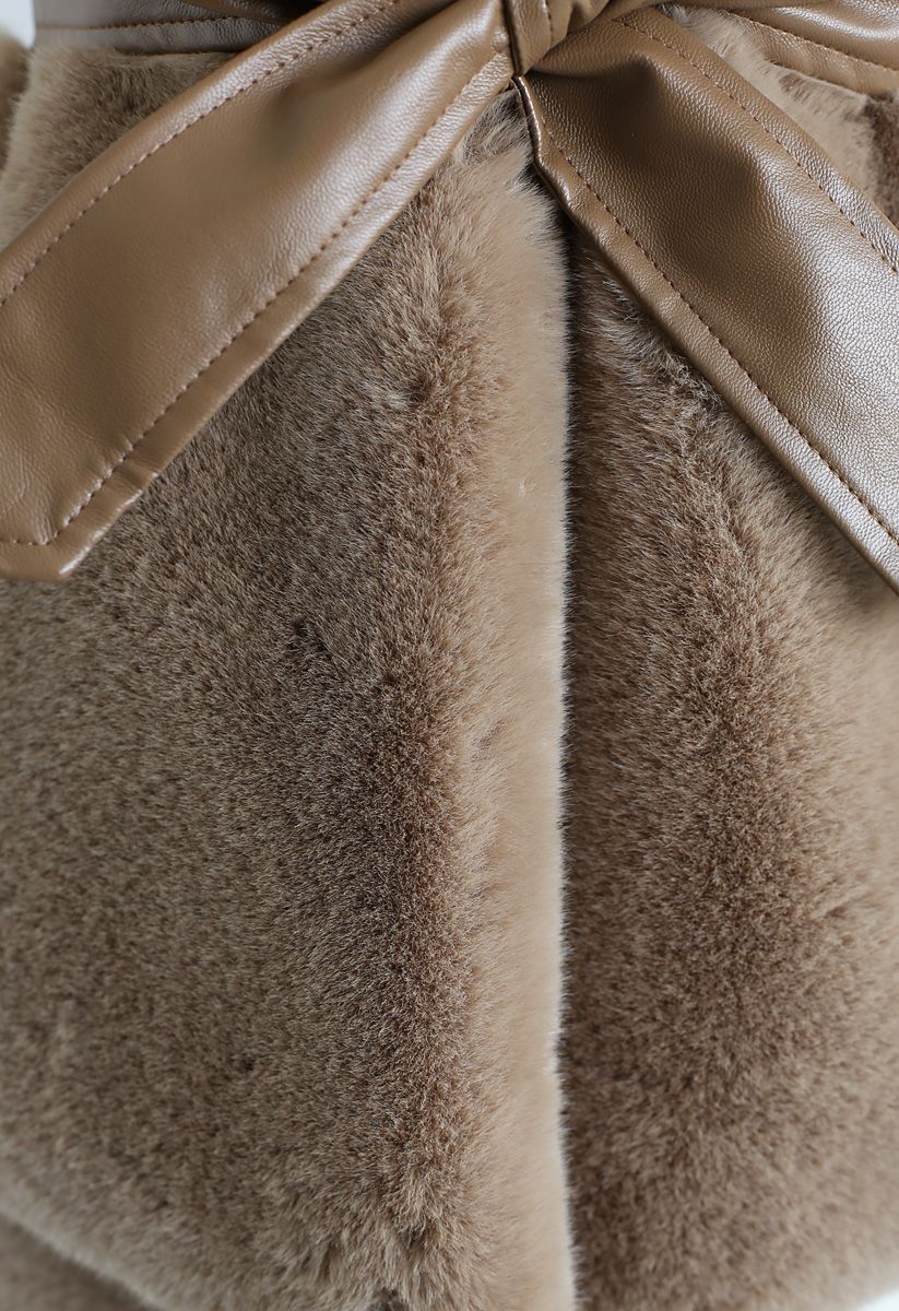 Asymmetric Faux Fur Vest with PU Leather Belt in Caramel