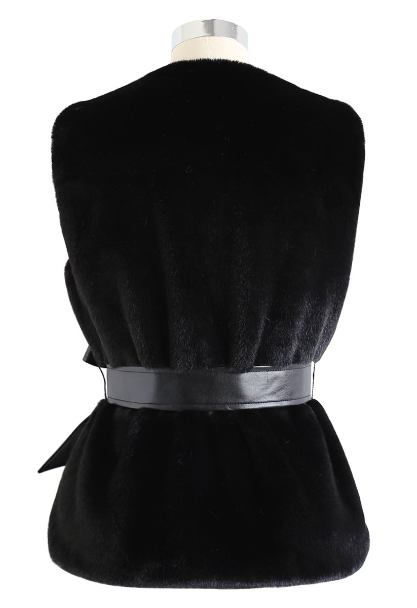 Asymmetric Faux Fur Vest with PU Leather Belt in Black
