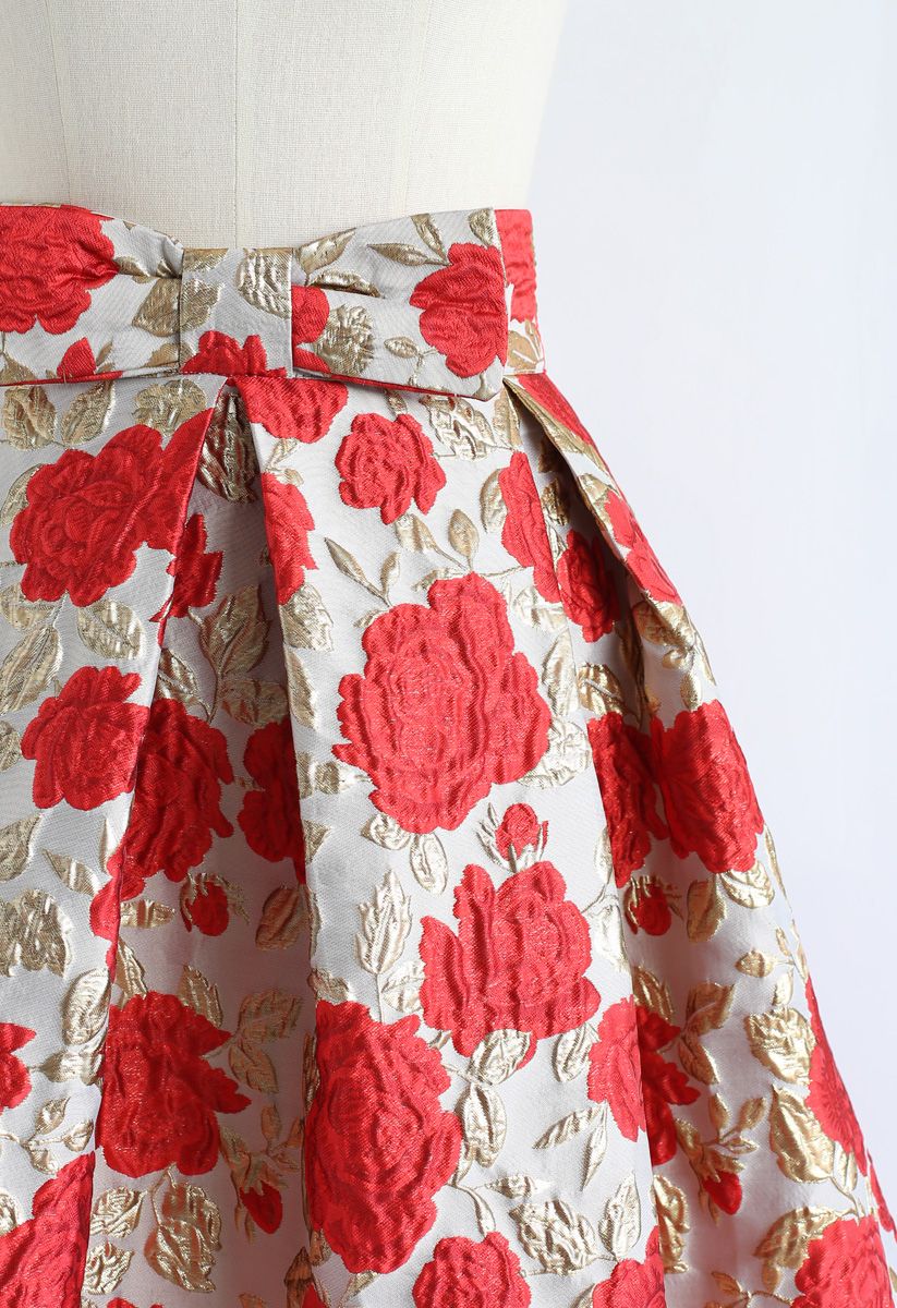 Bowknot Red Floral Jacquard Midi Skirt - Retro, Indie and Unique 
