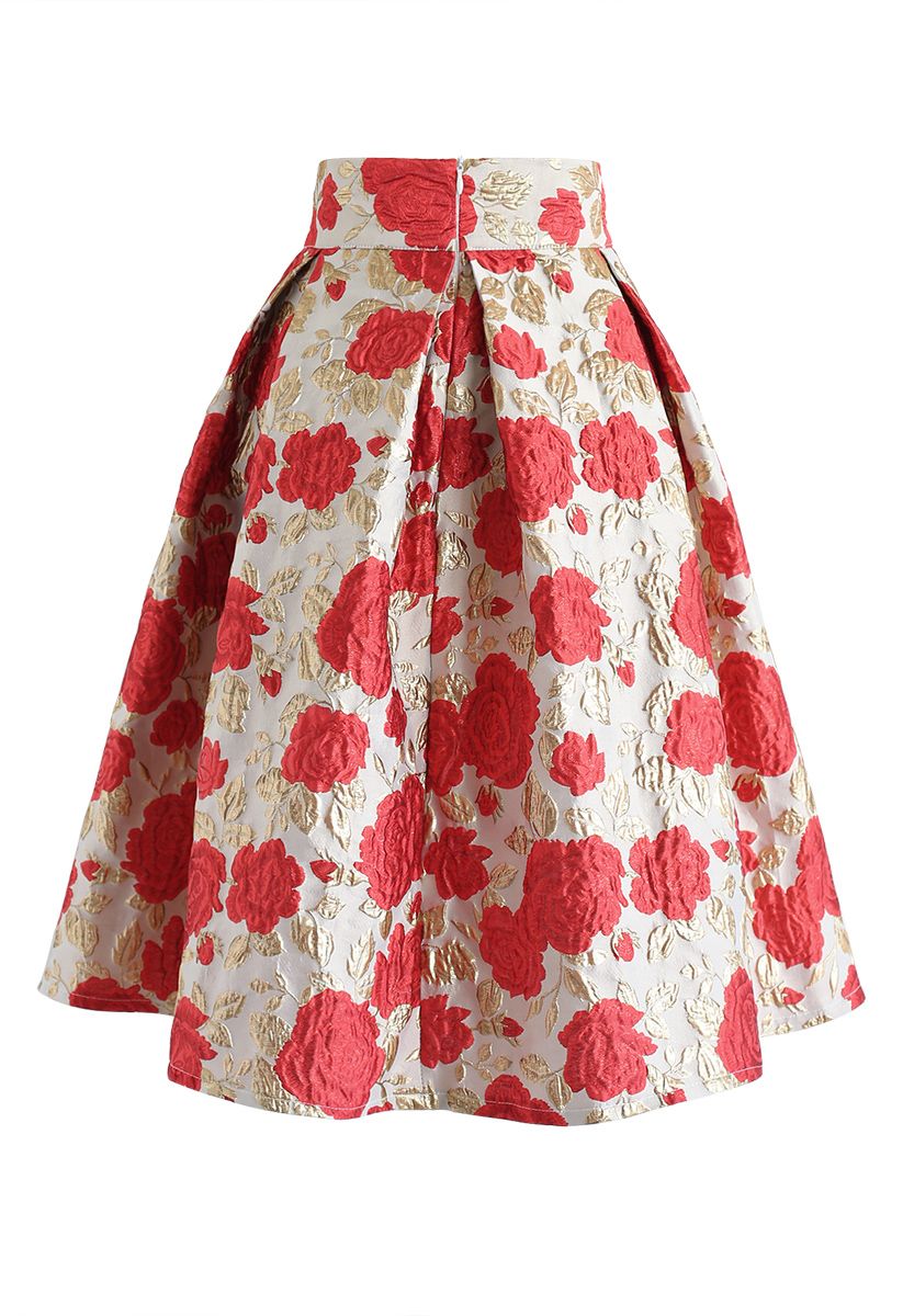 Bowknot Red Floral Jacquard Midi Skirt - Retro, Indie and Unique Fashion