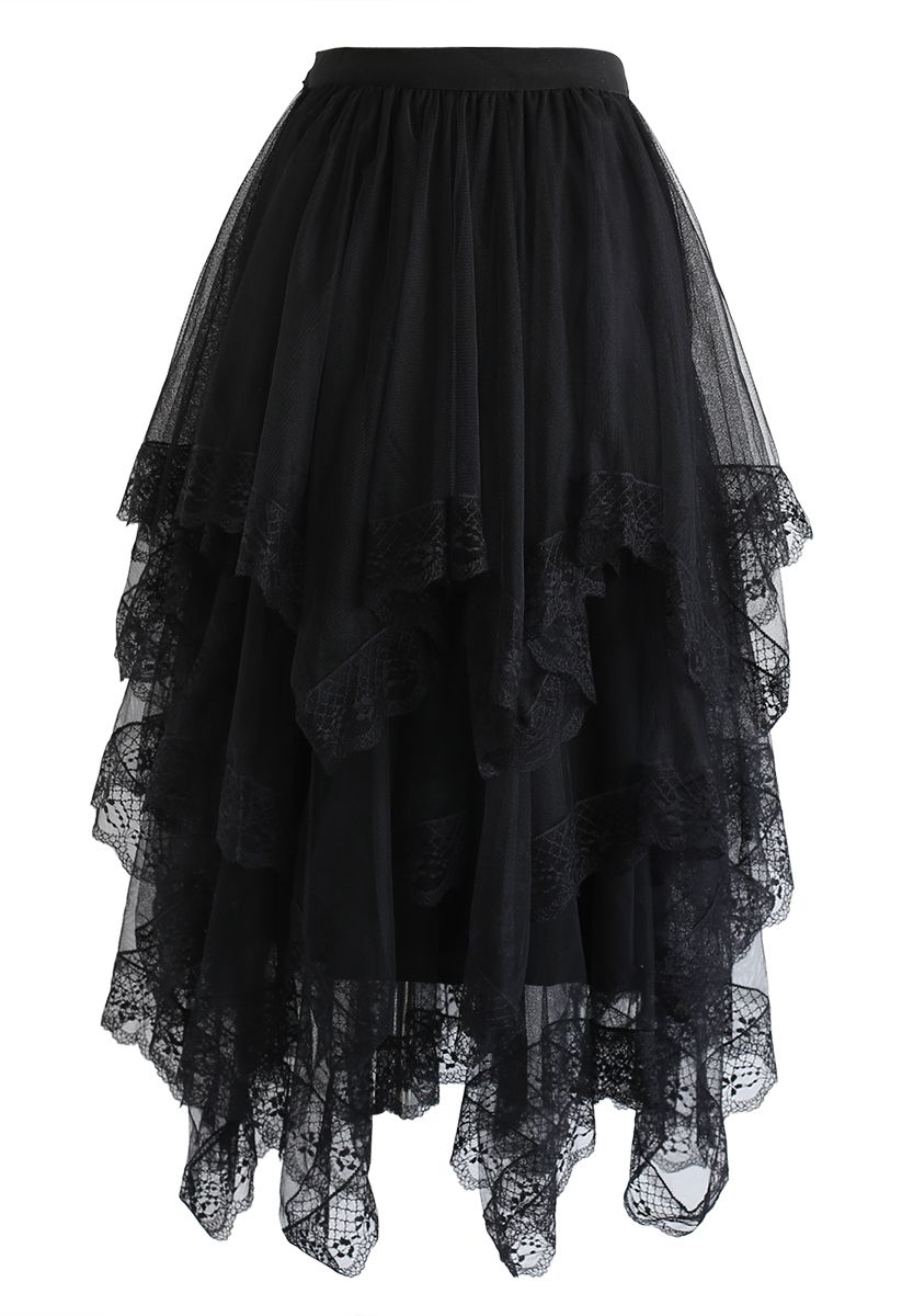 Lace Hem Asymmetric Layered Tulle Skirt in Black
