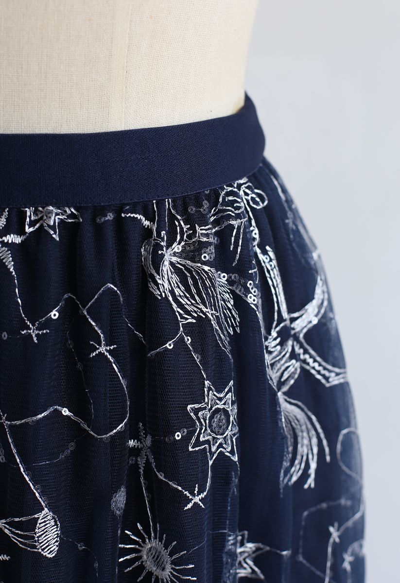Sequined Embroidered Mesh Tulle Skirt in Navy
