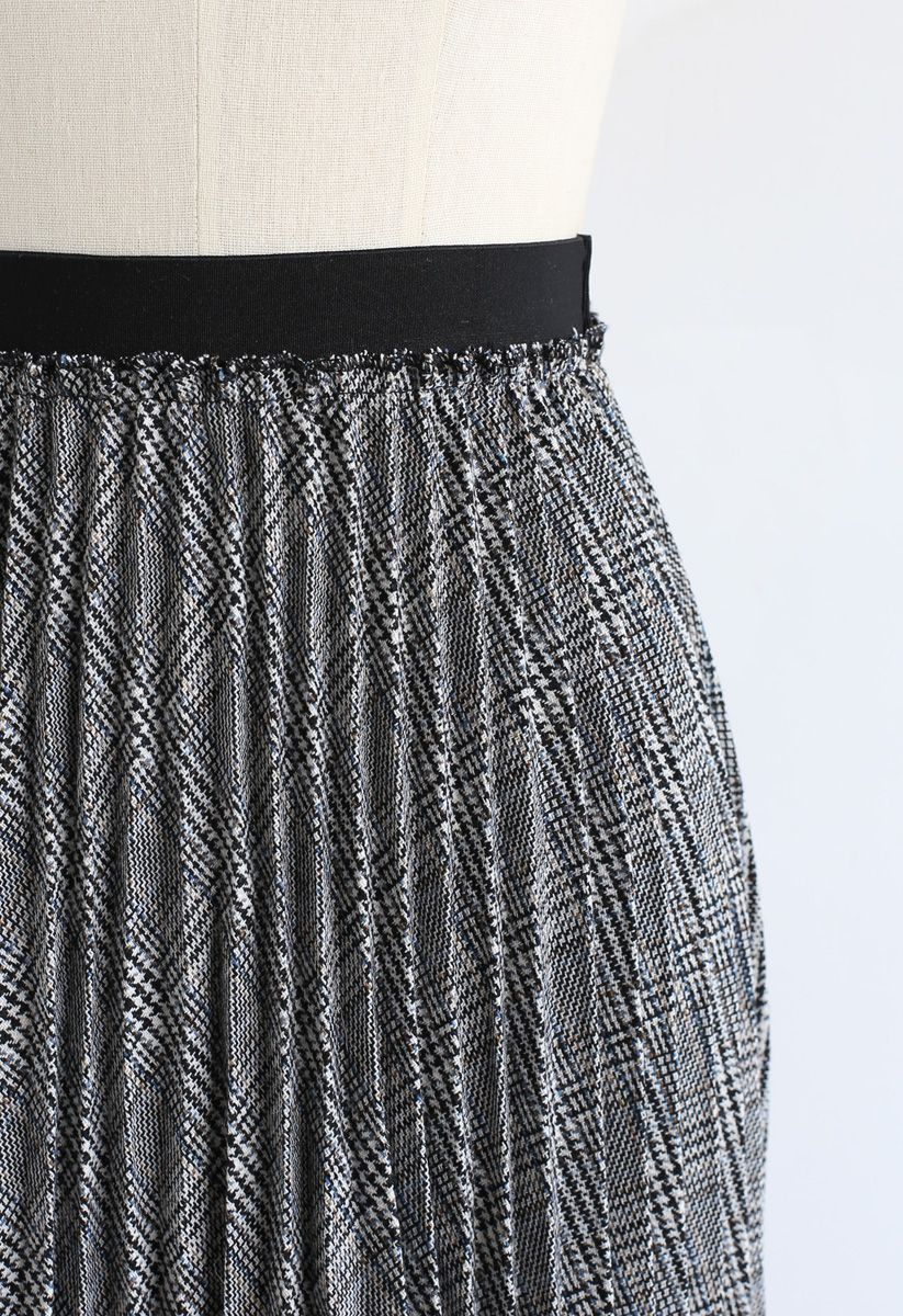 Full Plaid Pleated Midi Skirt in Grey