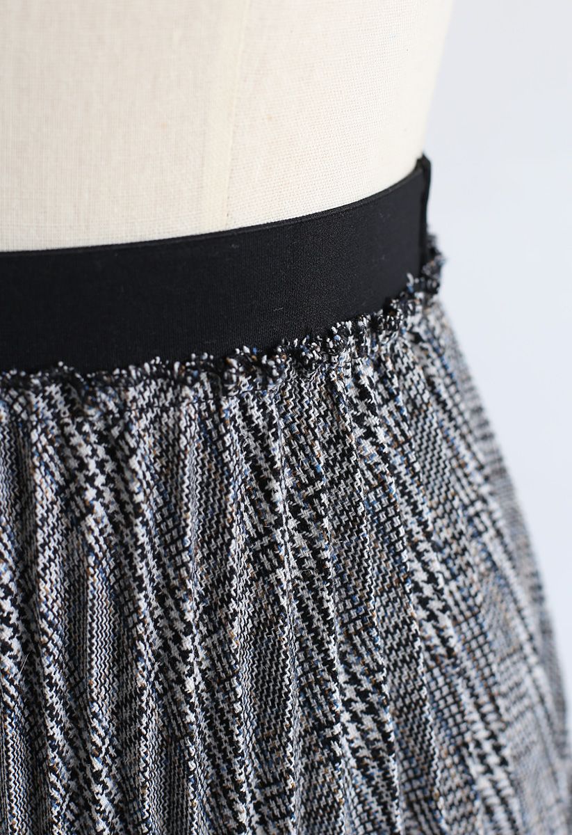 Full Plaid Pleated Midi Skirt in Grey