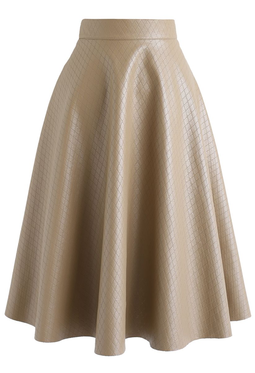 Faux Leather Diamond Quilted Midi Skirt in Taupe