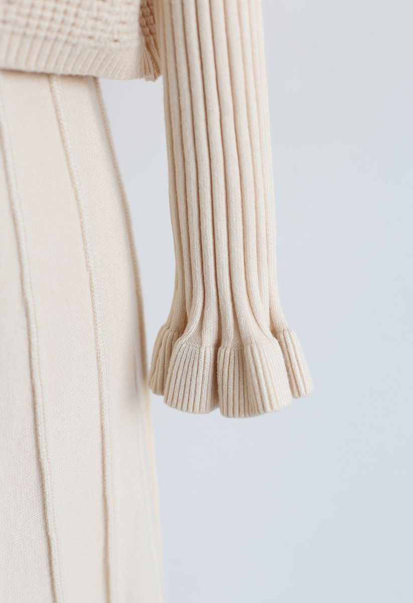 Mock Neck Pleated Knit Twinset Dress in Cream