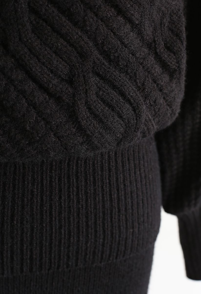 Fluffy Braid Texture Wrap Knit Sweater in Black