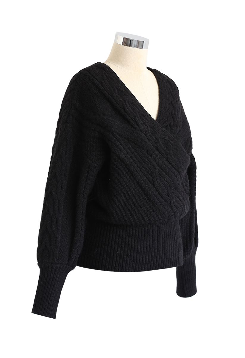 Fluffy Braid Texture Wrap Knit Sweater in Black