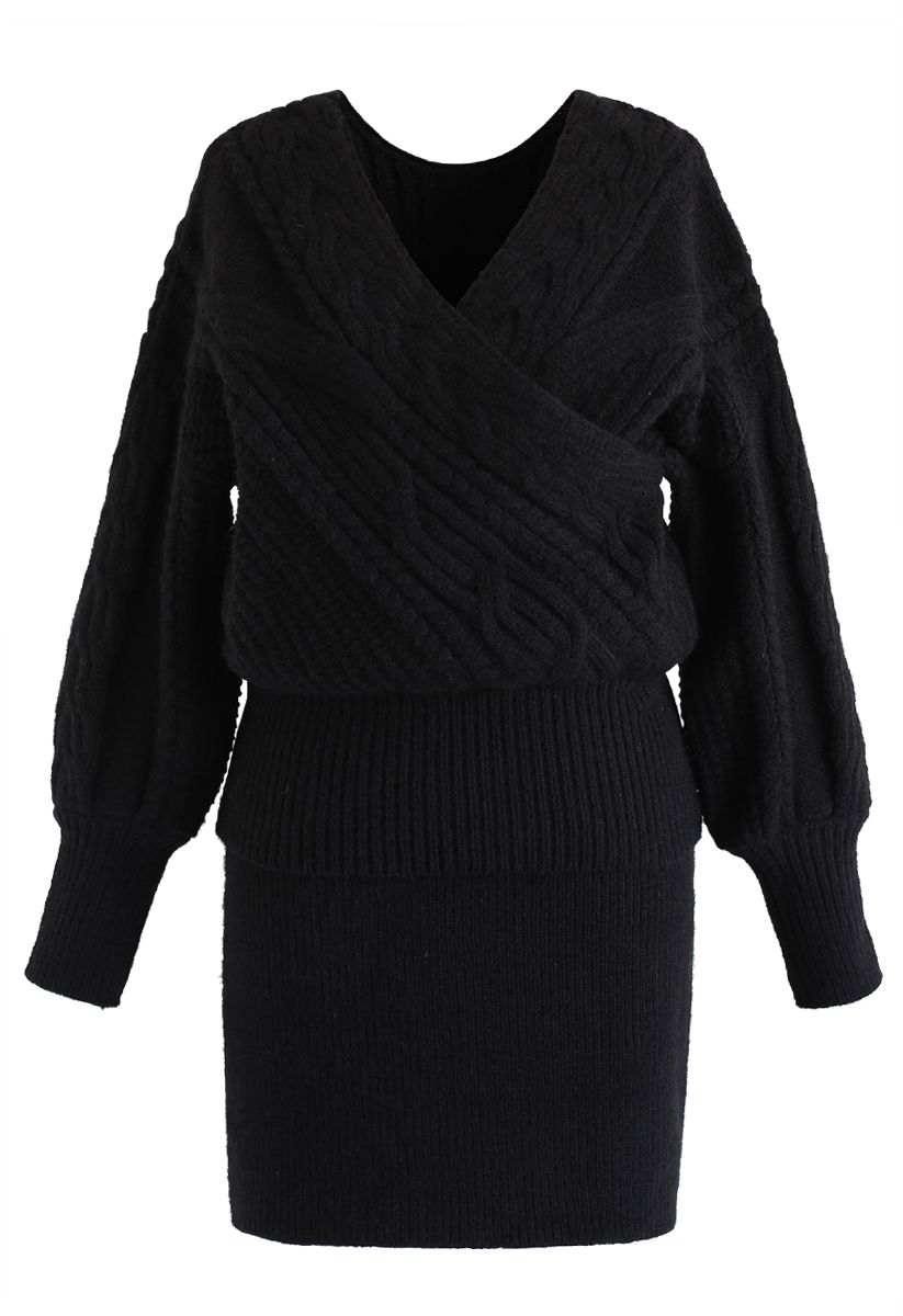 Fluffy Braid Texture Wrap Knit Sweater and Skirt Set in Black